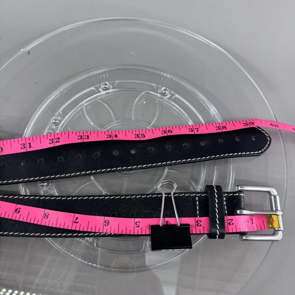 Genuine Italian Leather Belt Black Contrast Stitch Silver Buckle S/M USA Made